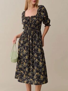 Square-Neck Smocked Floral Midi Dress in Black and Yellow